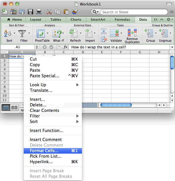 shortcut for wrapping text on mac excel